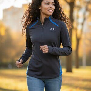 C-201)Under Armour HeatGear Women’s Quarter Zip Athletic Top Black Blue‎ Size M